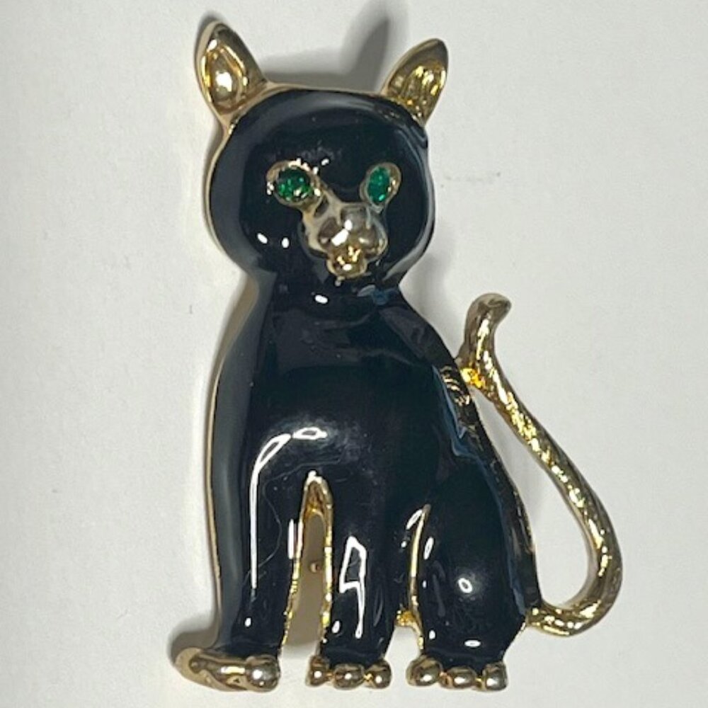 VTG Black Enamel Gold Toned Cat Kitten Brooch Pin Green Eyes 1.5"